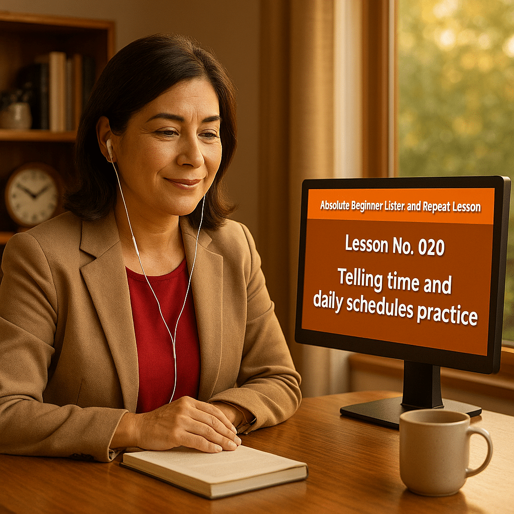 Absolute Beginner Listen & Repeat Lesson #020L Telling time and daily schedules practice