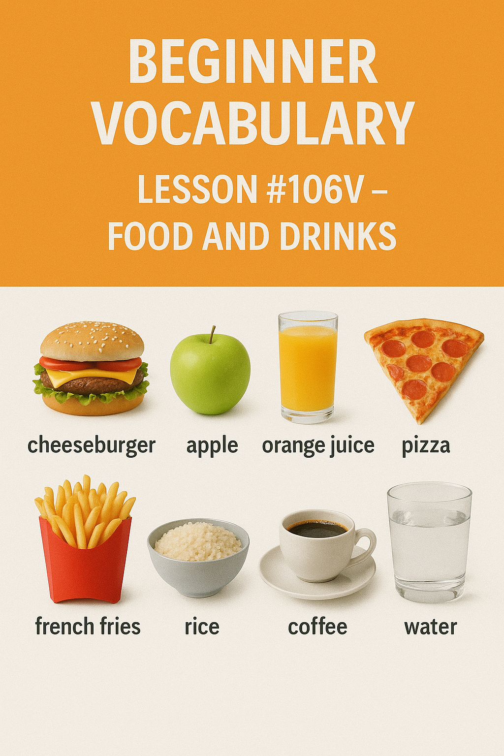 Beginner Vocabulary Lesson #106V – Food and Drinks