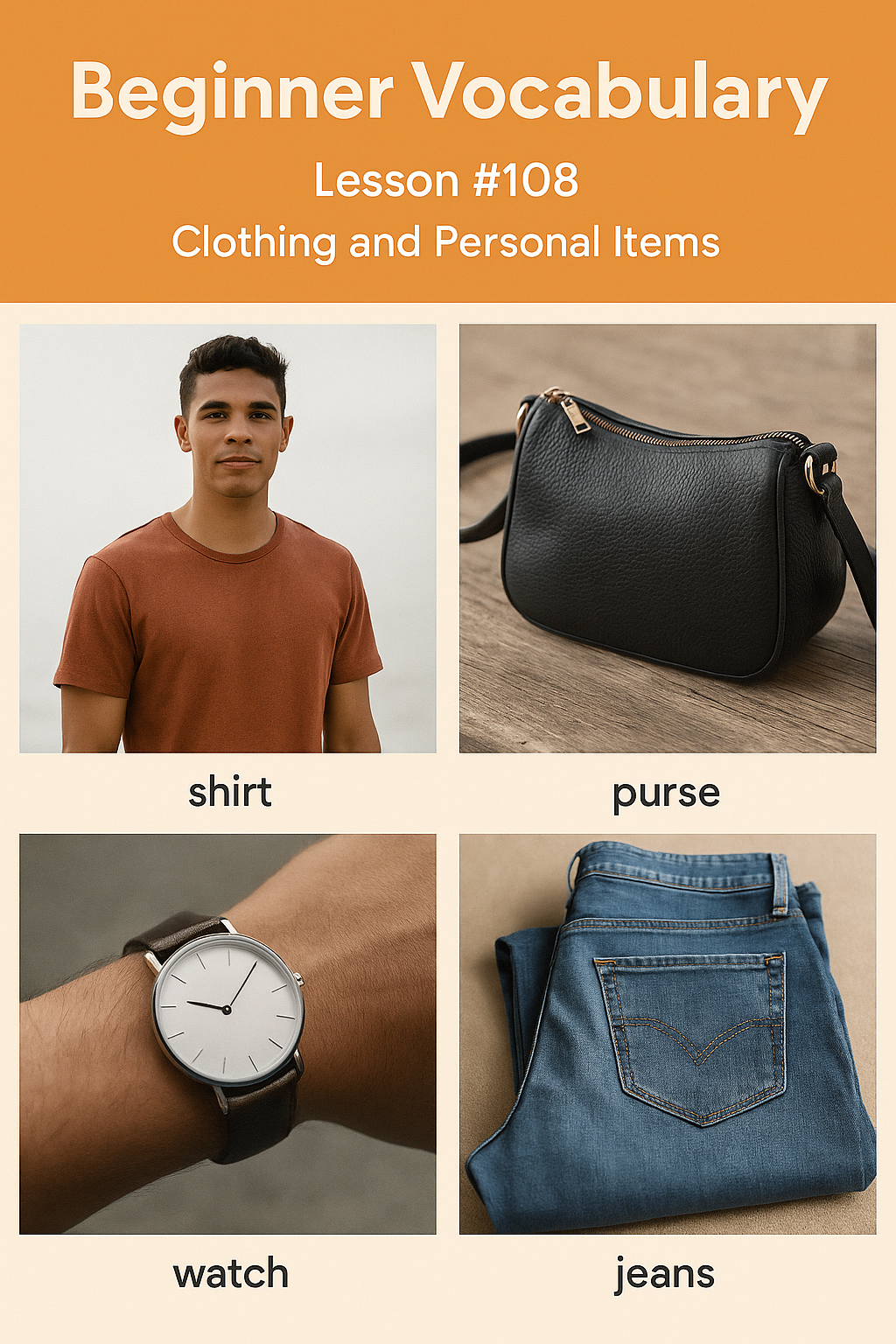 Beginner Vocabulary Lesson #108V – Clothing and Personal Items