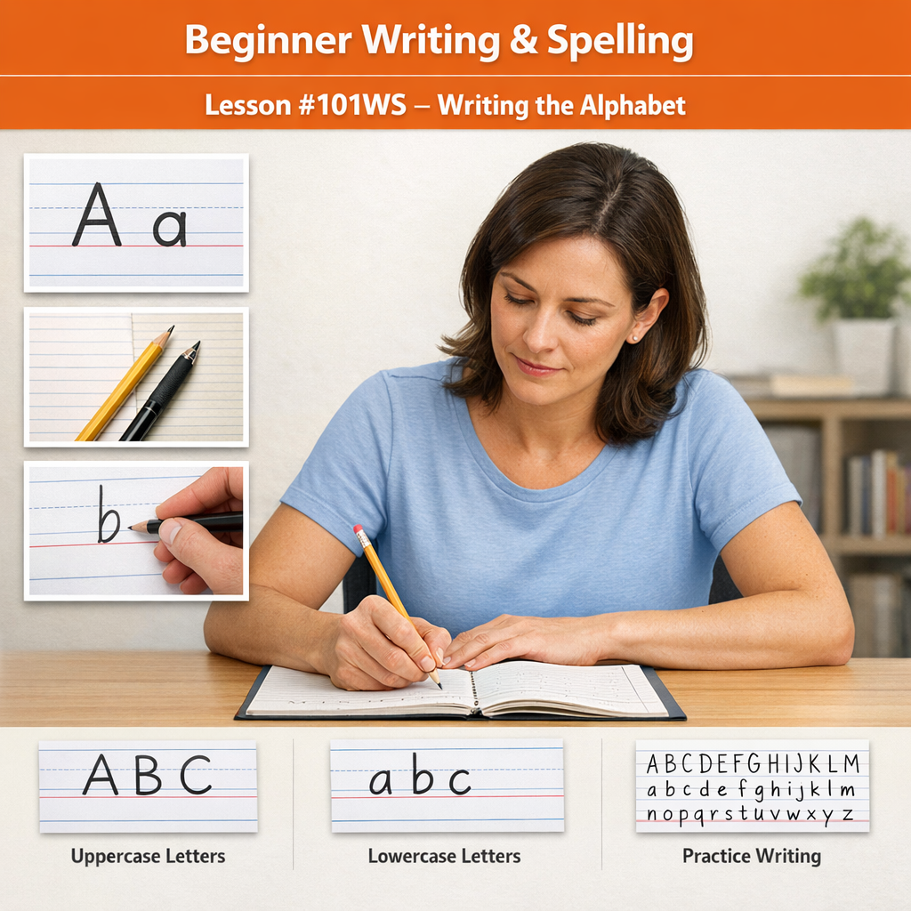 Beginner Writing and Spelling Lesson #101WS Write and spell all 26 letters; uppercase and lowercase practice