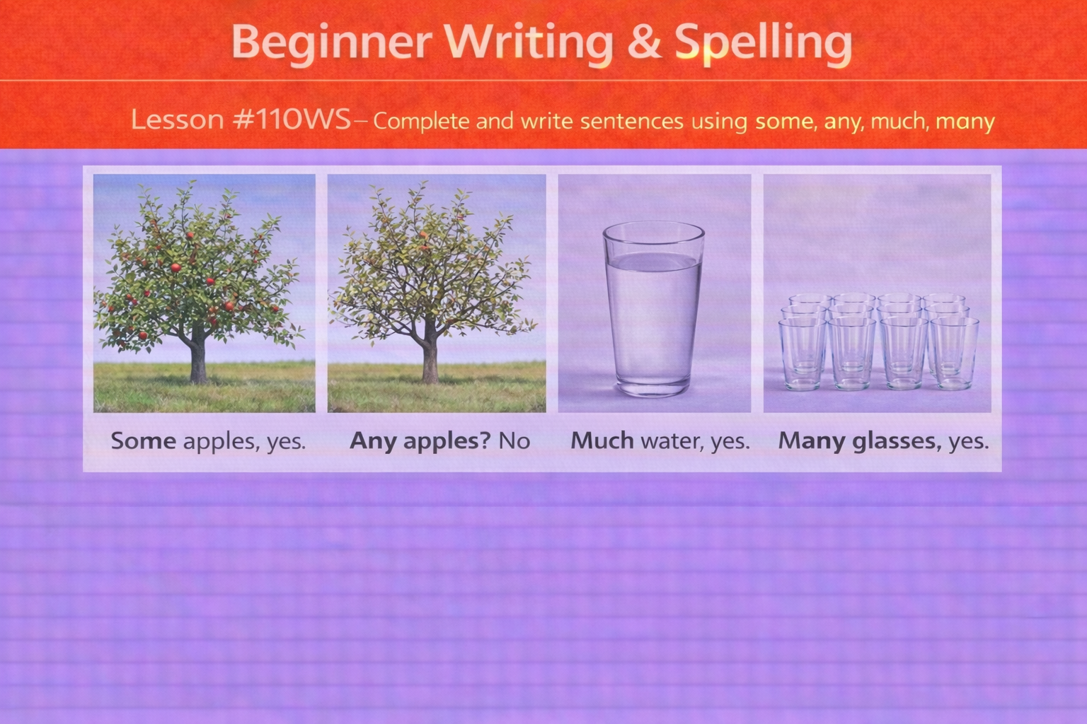 Beginner Writing and Spelling Lesson #110WS Complete and write sentences using some, any, much, many