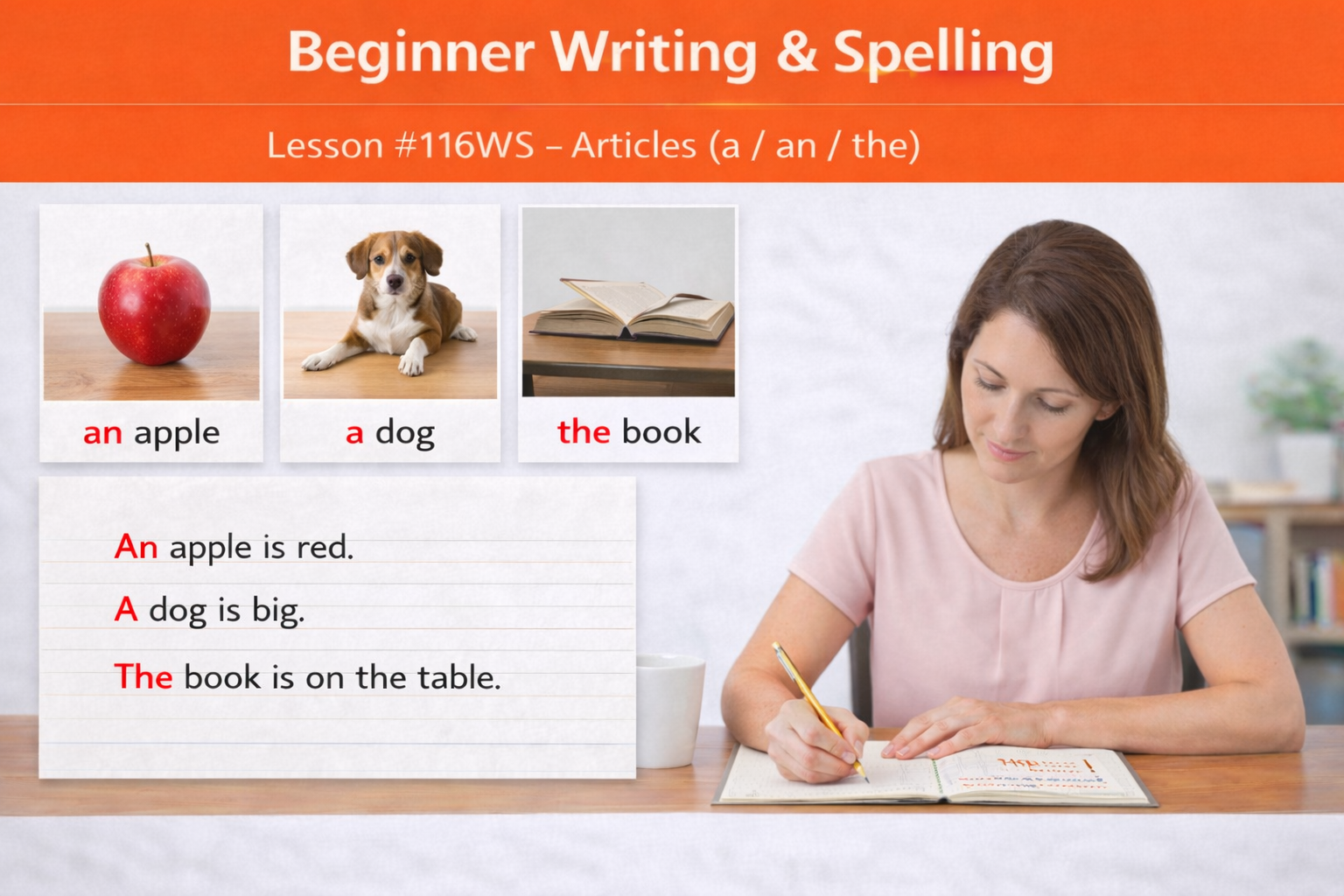 Beginner Writing and Spelling Lesson #116WS Practice writing the articles and Fill out the Article Wooksheet3.