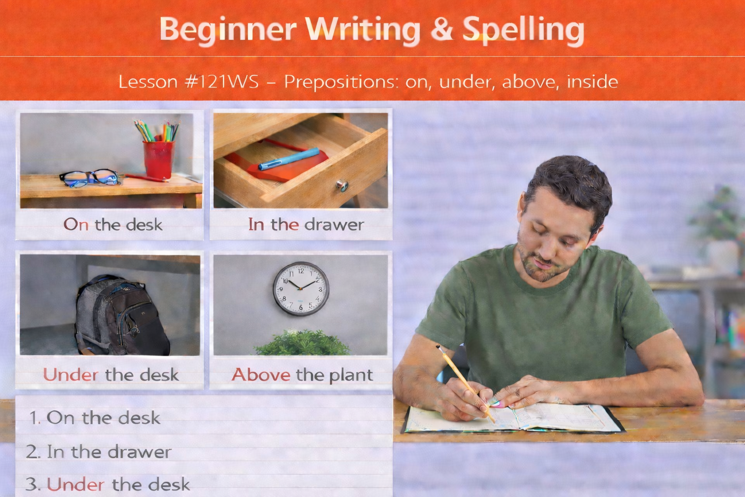 Beginner Writing and Spelling Lesson #121WS Write short sentences about the location of objects in a room